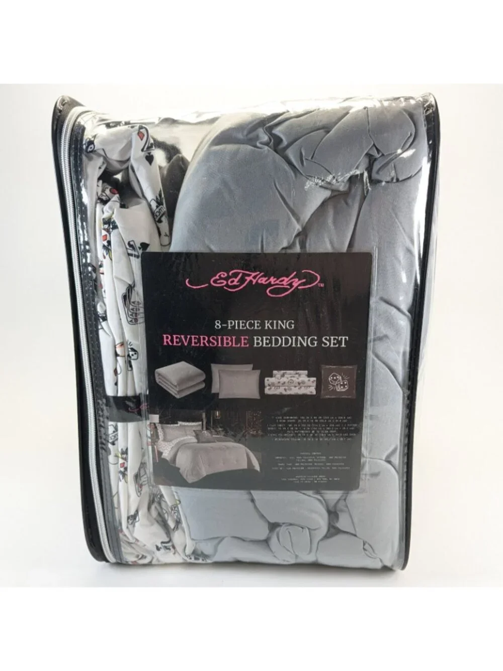 Ed Hardy King Comforter Set w Shams Pillow Sheets - Gray White Cards Dice Skull
